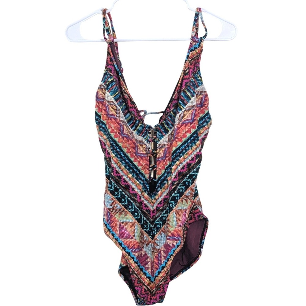 La Blanca Boho Tribal Lace-Up One Piece Swimsuit Multicolor Geometric Size 12
